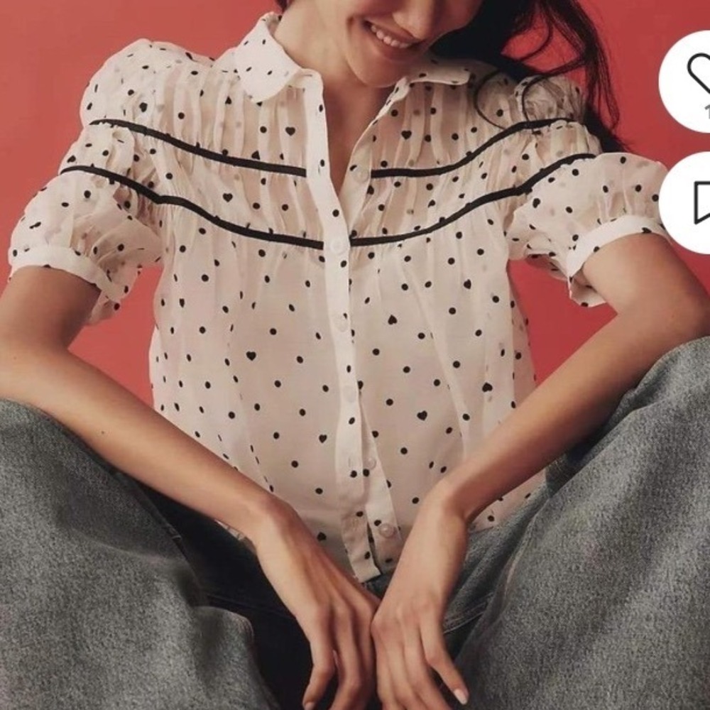 Anthropologie Maeve Heart Polka Dot Sheer Blouse White Black XS New With Tags